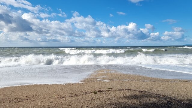 preveza mytikas huge waves on the beach in winter season greece