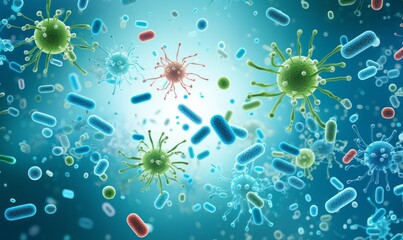 vibrant digital illustration of various microscopic organisms, likely representing bacteria and viruses. The scene is filled with rod-shaped, spherical, and spiked entities, 