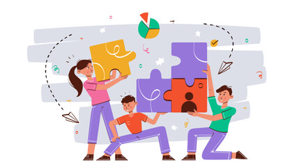 Business Teamwork illustrations. Men and Women taking part in business activities. Trendy style