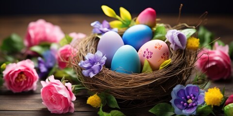 Fototapeta na wymiar Vibrantly colored Easter eggs nestled in a nest with flowers, creating a beautiful and cheerful Easter background.