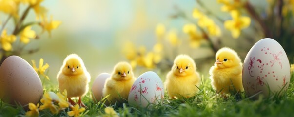 A festive Easter background adorned with colorful Easter eggs and cute yellow chicks on lush green grass, creating a cheerful and vibrant scene. - obrazy, fototapety, plakaty