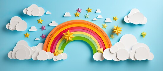 Creating a paper rainbow with clouds and sun using step-by-step instructions for kids. - obrazy, fototapety, plakaty