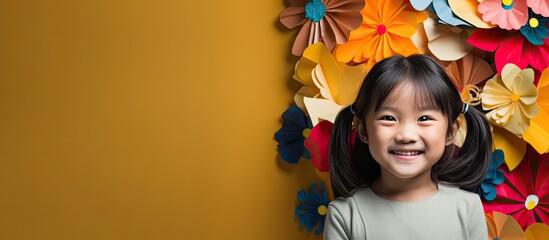 Asian child happily displaying craft and posing for kindergarten camera.