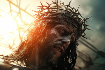 Jesus, savior, healer, wearing a crown of thorns, bloody and beaten, Easter Sunday Morning. - obrazy, fototapety, plakaty