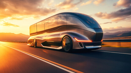 Electric semi-truck for long-distance transportation on a deserted road at sunset. The concept of road freight transport in the future.