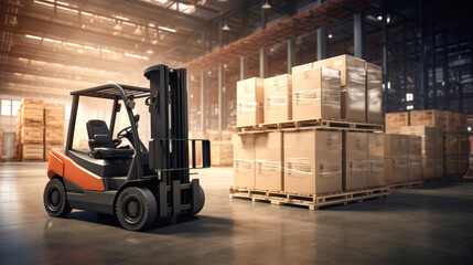 Product warehouse with forklift in a factory. Cargo warehousing. Special equipment for cargo.