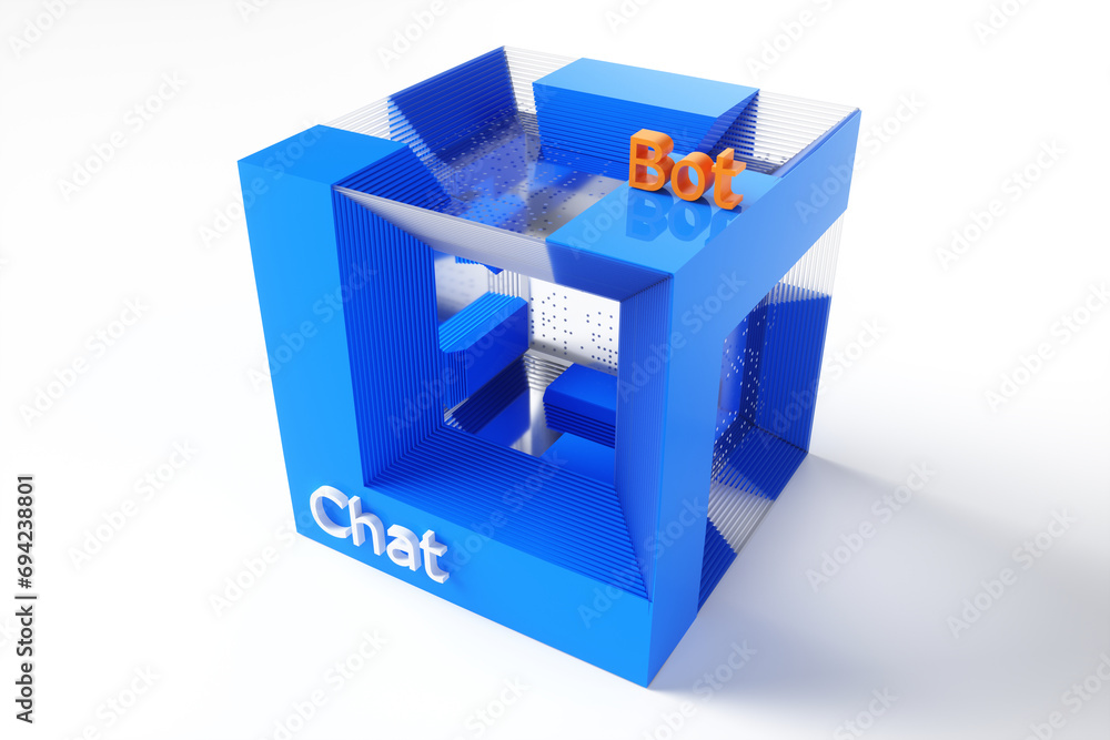 Poster close-up of a chat bot concept in a futuristic cube on a white background. 3d rendering illustration