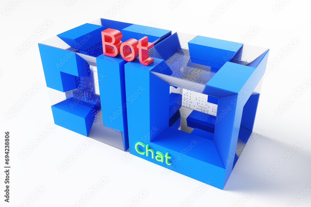 Poster close-up of a chat bot concept in a futuristic cube on a white background. 3d rendering illustration