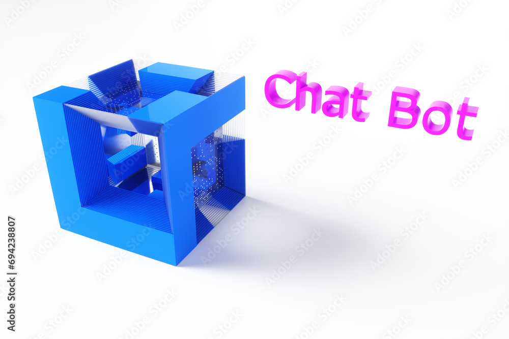 Poster close-up of a chat bot concept in a futuristic cube on a white background. 3d rendering illustration