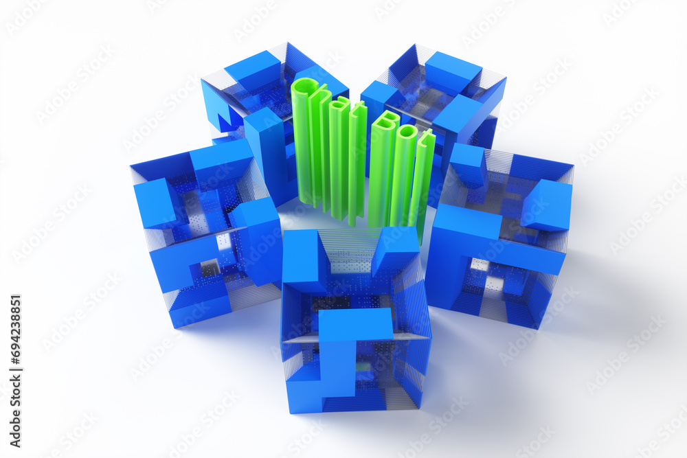 Aufkleber close-up of a chat bot concept in a futuristic cube on a white background. 3d rendering illustration