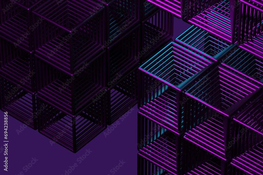 Poster close-up of a futuristic artificial intelligence cube in neon light on a purple background. 3d rende