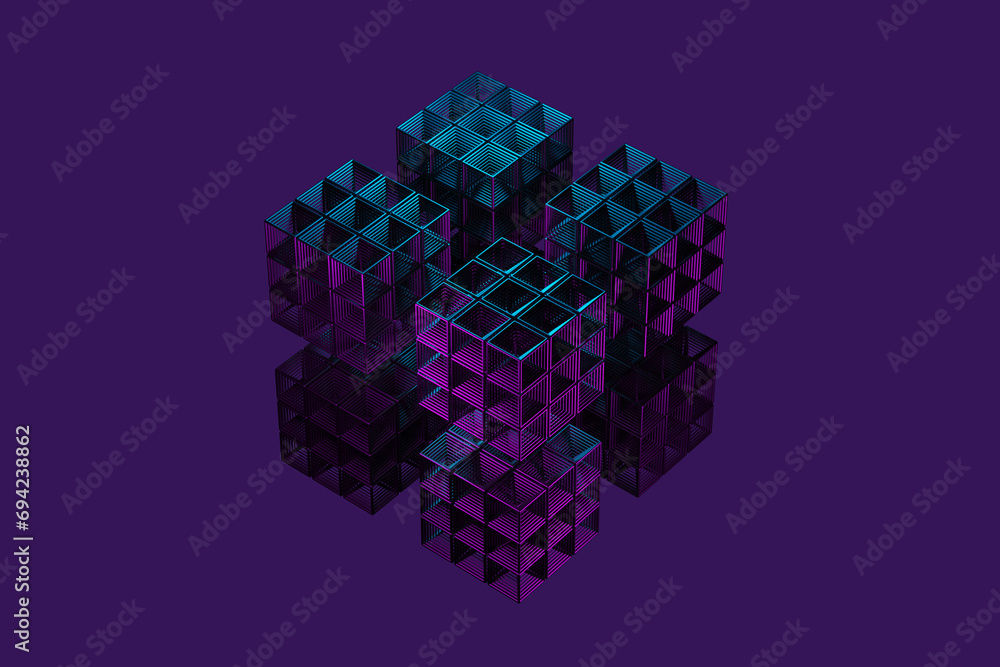 Poster close-up of a futuristic artificial intelligence cube in neon light on a purple background. 3d rende