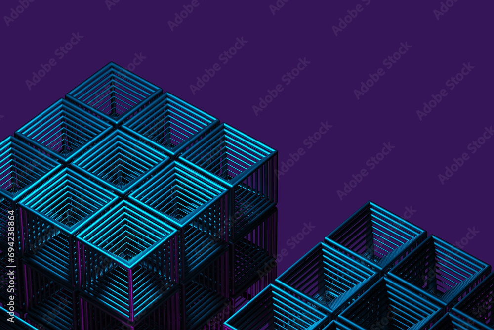Poster close-up of a futuristic artificial intelligence cube in neon light on a purple background. 3d rende