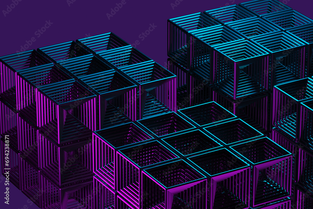 Poster close-up of a futuristic artificial intelligence cube in neon light on a purple background. 3d rende
