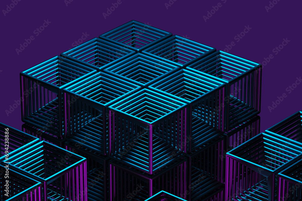Poster close-up of a futuristic artificial intelligence cube in neon light on a purple background. 3d rende