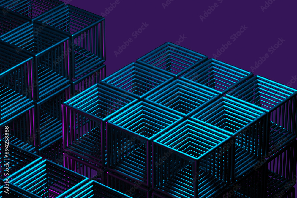Poster close-up of a futuristic artificial intelligence cube in neon light on a purple background. 3d rende