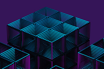 Close-up of a futuristic artificial intelligence cube in neon light on a purple background. 3d rendering illustration