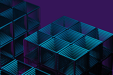 Close-up of a futuristic artificial intelligence cube in neon light on a purple background. 3d rendering illustration