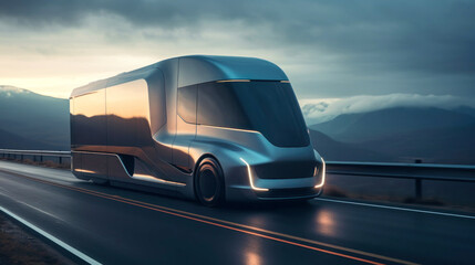 Electric semi-truck for long-distance transportation on a deserted road at sunset. The concept of...