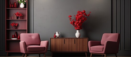 Burgundy armchairs in grey living room with red drape, wall molding, posters, flowers in vase, wooden cupboard.