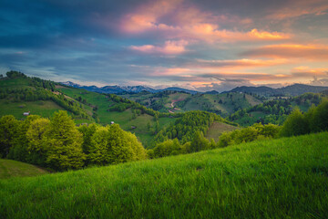 Majestic spring countryside landscape at sunset, Moieciu de Sus, Romania - 694239421