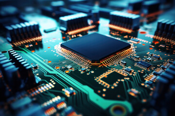 Motherboard with electronic components. Powerful processor. Development of computer technologies. Modern electronics production. - obrazy, fototapety, plakaty