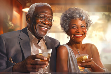 An elderly gentleman smiles seductively at a woman at a bar. flirty flirting sexuality, affection, lifestyle party drinking restaurant communication couples. - obrazy, fototapety, plakaty