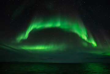 Green northern light, aurora borealis above sea - 694240063
