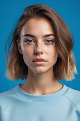 Fototapeta premium Beautiful Young American Woman with makeup perfect clean skin, Clean-Skinned American Beauty Portrait