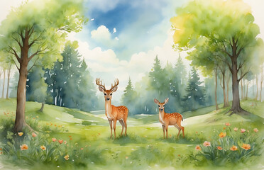 Children book watercolor illustration, forest spring environment with two deer cartoon drawing