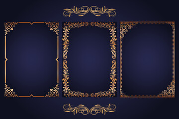 Vector decorative background with gold frames. Golden frame on luxury blue