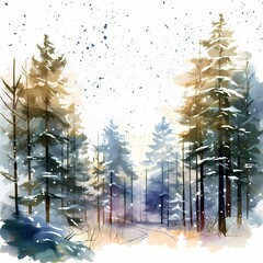 pine tree forest with snow in watercolor style