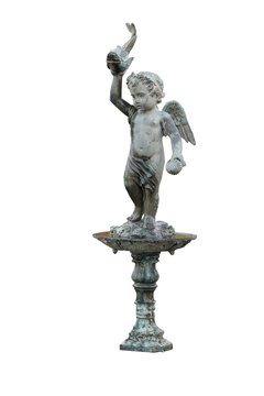 an old statue of a baby angel fountain in a public park isolated png