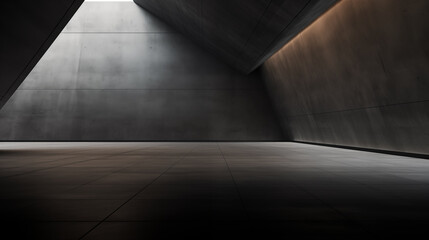 ai-generated, abstract interior angled design, closed structure, modern, empty dark black concrete floor, with dark gray tones, 8k