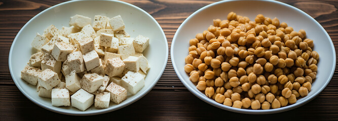 Sesame seeds in a bowl and soybeans on a wooden table