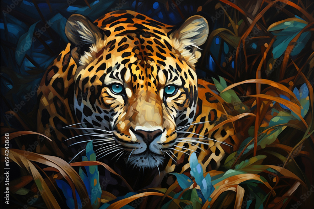 Poster abstract patterns conveying the grace and rarity of the amur leopard, urging efforts to preserve thi