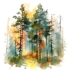 colorful pine tree forest in watercolor painting
