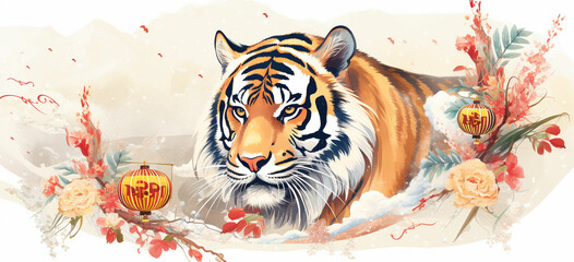 Chinese new year watercolor illustration. Year of the Tiger 2023