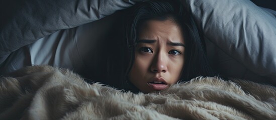 Asian woman experiencing fear and panic during sleep under blanket in bedroom.