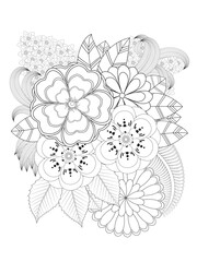 Vector black and white coloring page for coloring book. Leaves and flowers in monochrome colors. Doodle floral drawing. Art therapy coloring page.Beautiful Bangladeshi floral paisley seamless