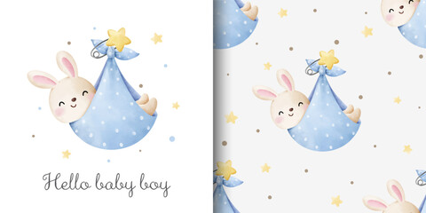 Seamless pattern baby shower bunny boy Greeting card Fabric textiles Nursery Clothing kids Watercolor style - obrazy, fototapety, plakaty