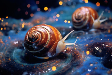 An original scene of snails traversing a surreal galaxy, their spiral shells reflecting the cosmic wonders of the universe. - obrazy, fototapety, plakaty