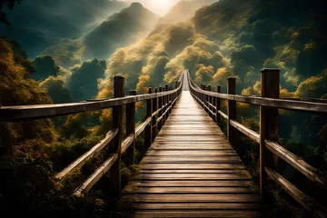 Kussenhoes lavish long  wooden bridge going  towards deep green forest abstract bridge view from the top   © Ya Ali Madad 