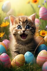 Fototapeta na wymiar Cute kitten in green grass with painted eggs, sunny day, egg hunt, Happy Easter banner background