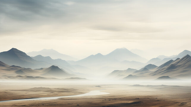 A serene minimalist portrayal of a mountain landscape.