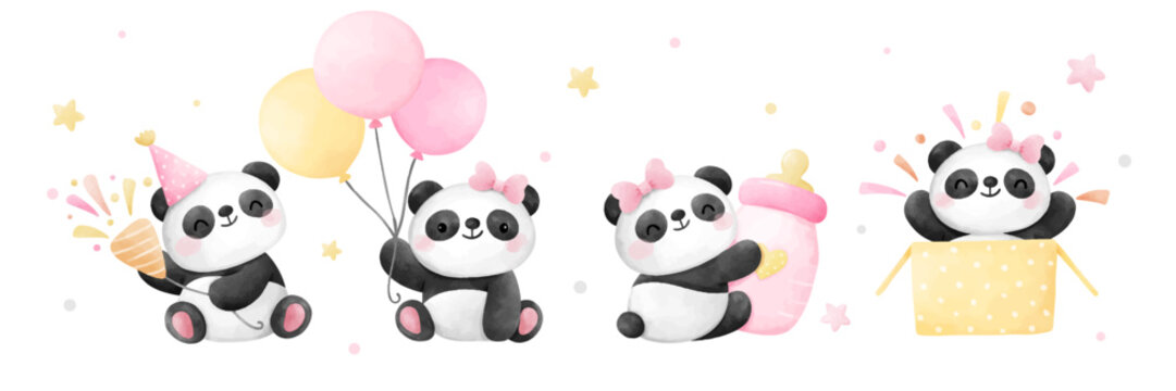 Draw baby panda girl For nursery birthday kids Sweet dream concept
