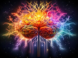 Human brain with thunderbolt on dark background
