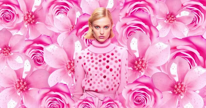 Fashion luxury model in pink bloom flower space. Stylish animation collage art