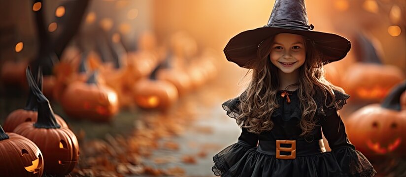 A girl in a witch costume parades with pumpkin-shaped hats.