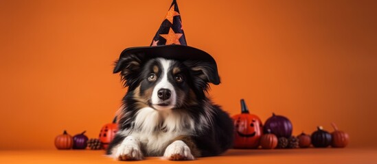 Cute mini Australian shepherd dog in witch hat and decorations on orange blanket